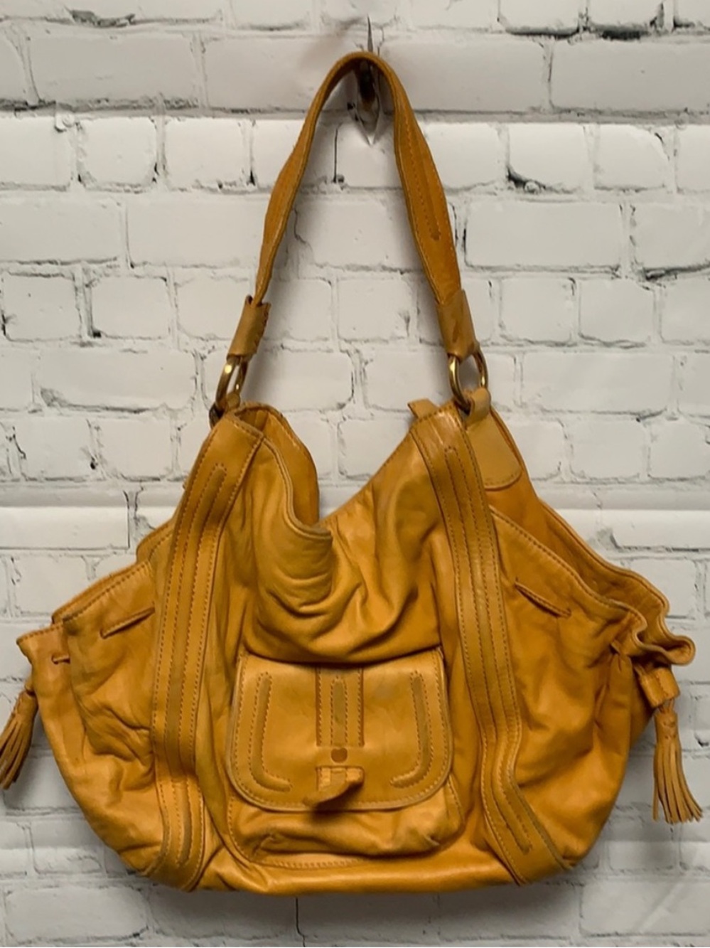 Coldwater Creek Yellow Soft Leather Shoulder Bag with Tassel Detail